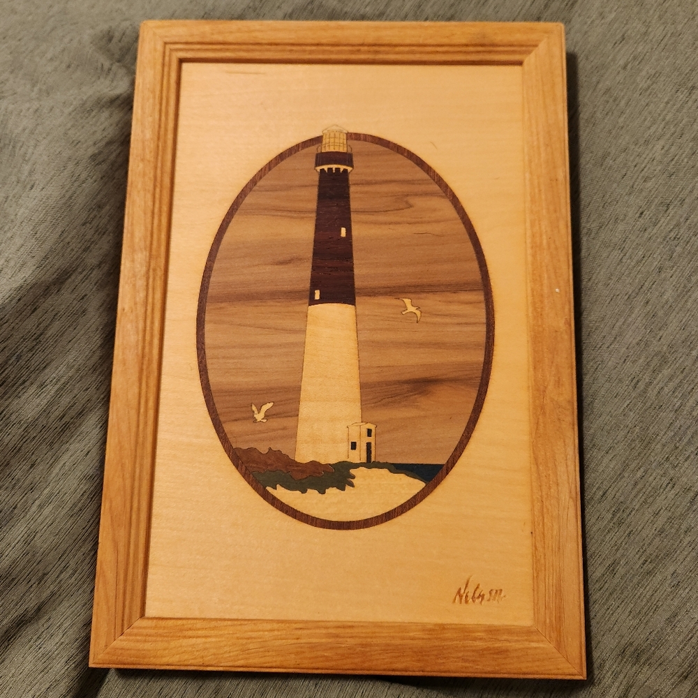 Wood Marquetry Art Piece Titled "Barnegat Lighthouse" by Hudson River Artist